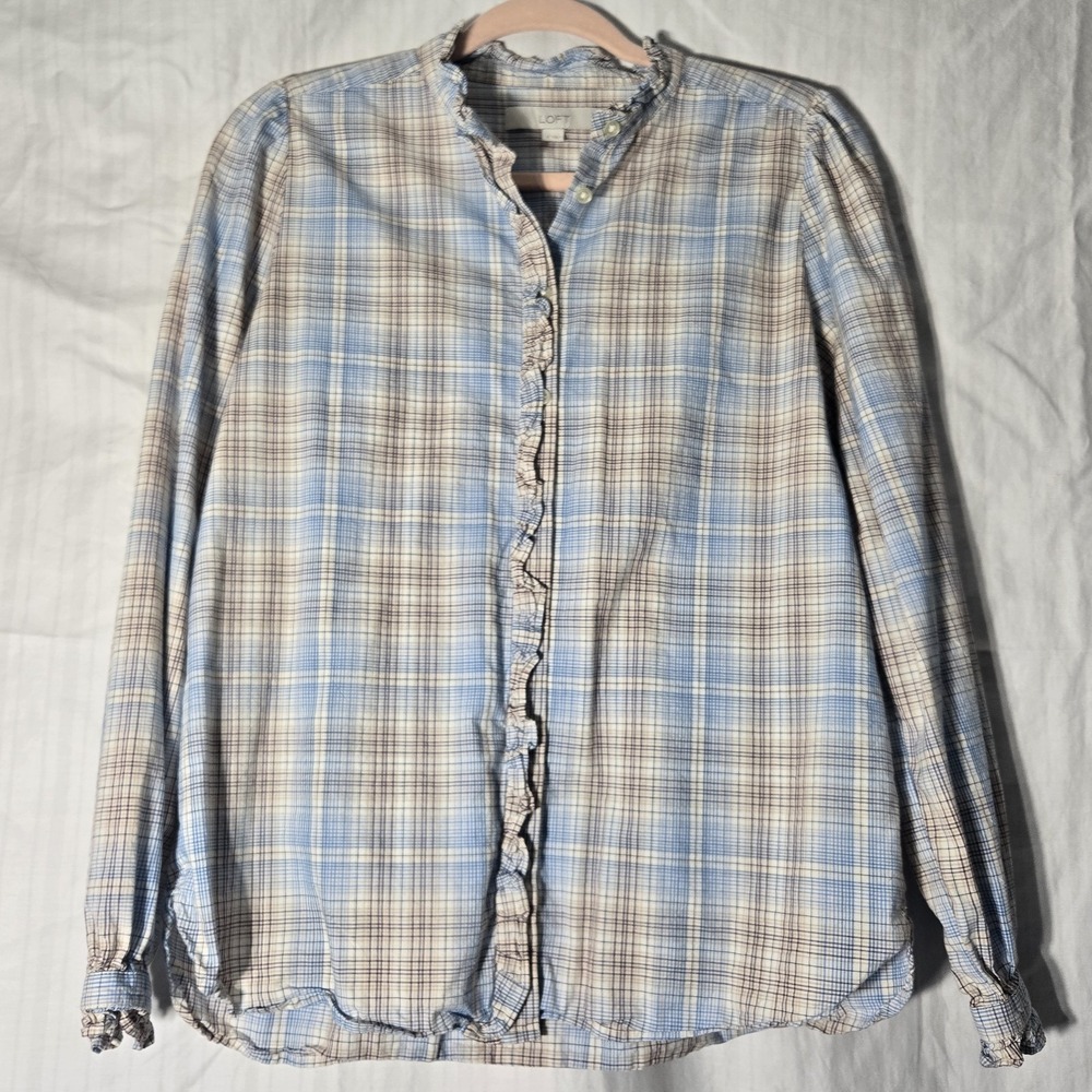 LOFT Plaid Ruffle Button-Down Blouse Ann Taylor Plaid Light Blue Tan White Small